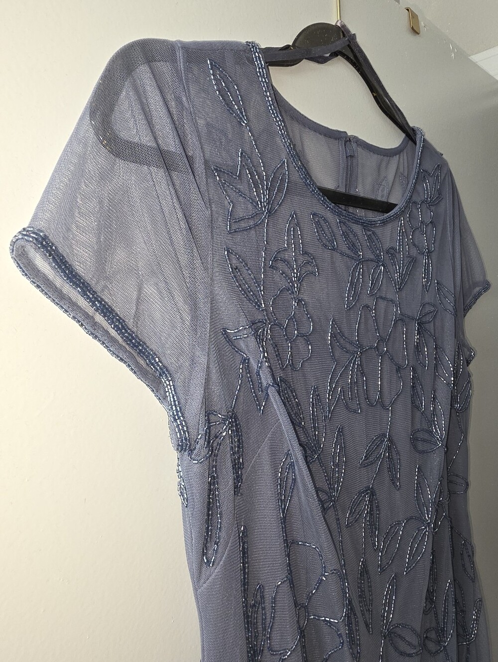 NWT Von Maur Papell Studio Sheer Overlay Short Beaded Dress Dusty Blue 6 - Picture 2 of 7
